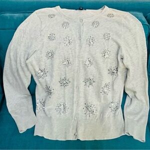 Lands End Embellished Gray Silver Cardigan Sweater